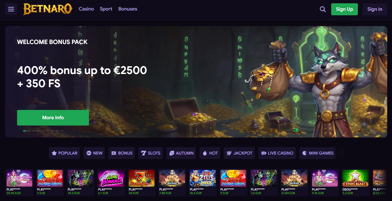 Página principal do casino Betnaro em Portugal
