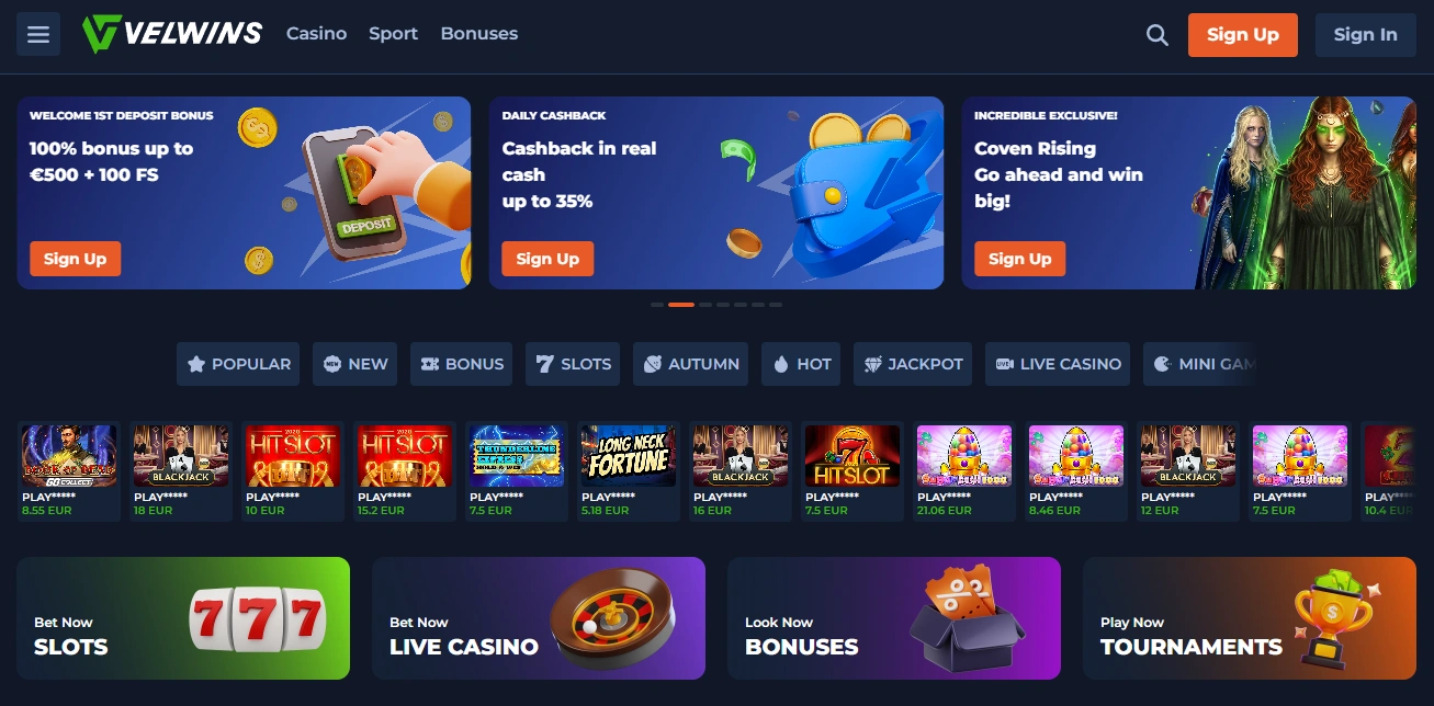 Página principal do casino Velwins em Portugal