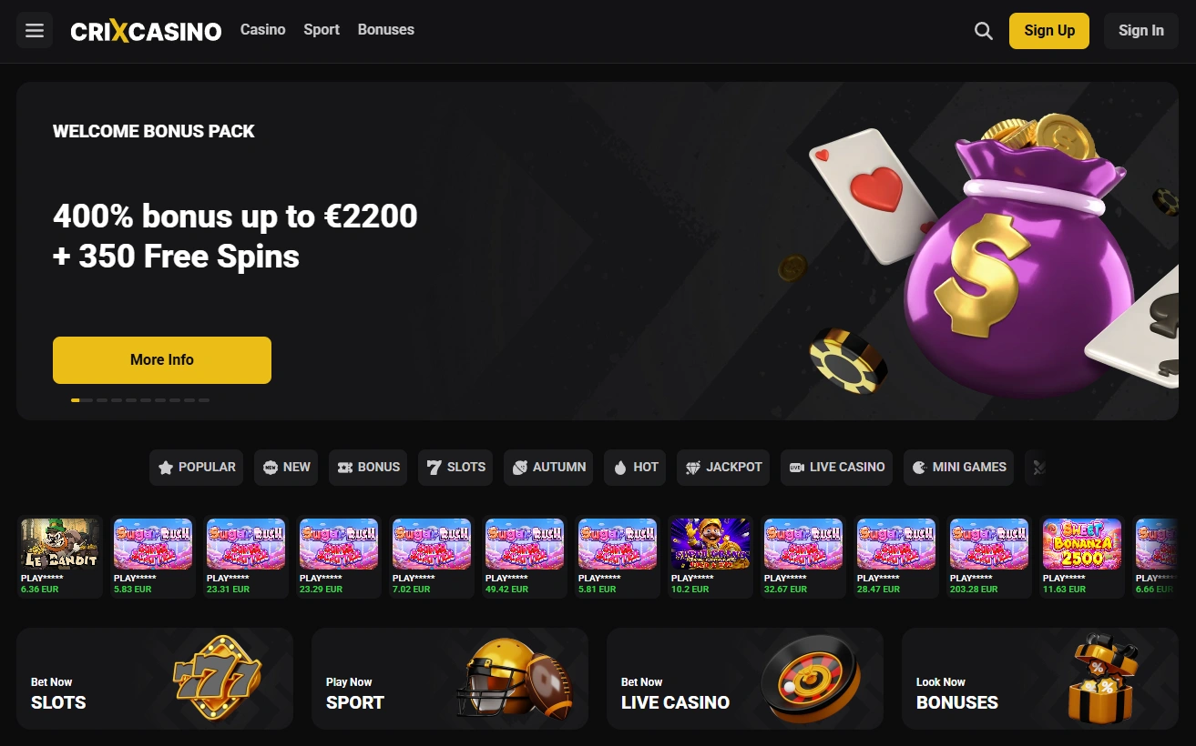 Página principal do casino CrixCasino em Portugal